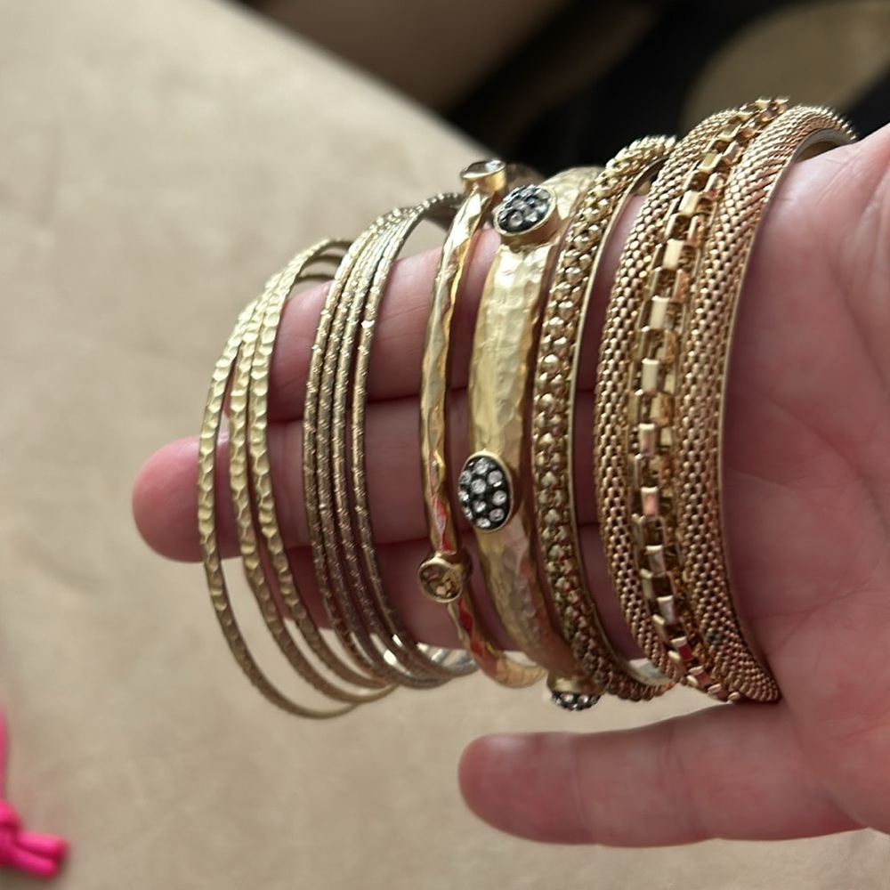 Six Gold Bangle Bracelets, Different Styles - image 2